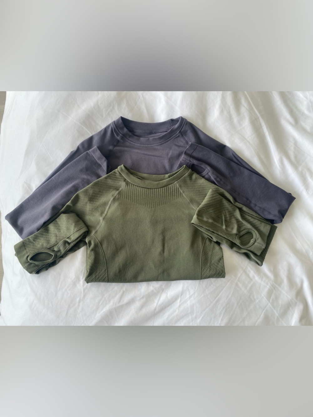 Long-Sleeve Stretchy Athletic Tops in Olive Green and Grey. Size small.